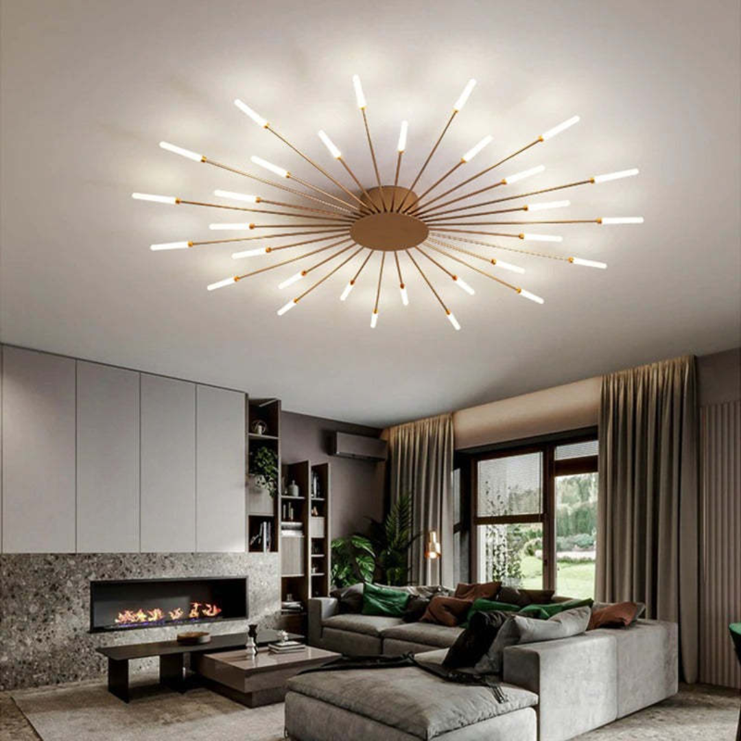 Schwarze LED-Deckenlampe, modern, mit Gold-Details, dimmbar, perfekt für Wohnräume.