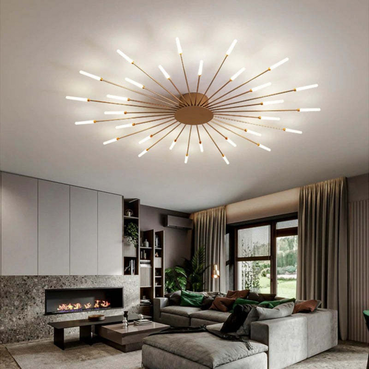 Schwarze LED-Deckenlampe, modern, mit Gold-Details, dimmbar, perfekt für Wohnräume.