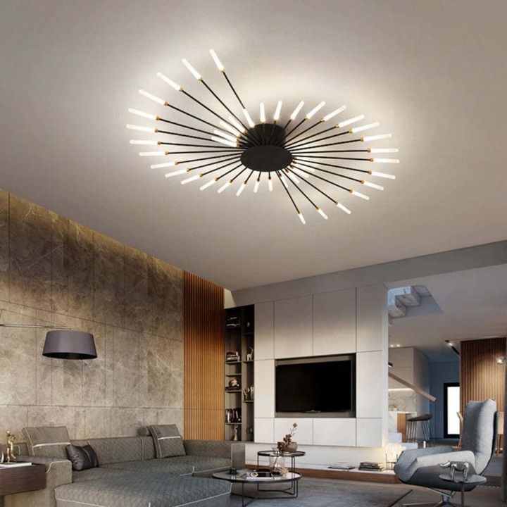 Große dimmbare LED-Deckenlampe, Schwarz und Gold, für Wohnzimmer oder große Räume.