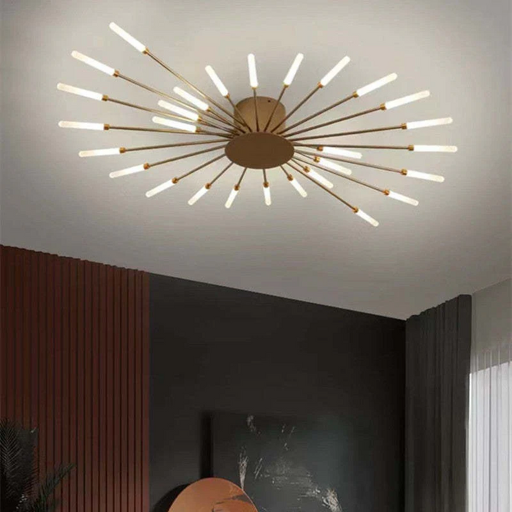 Große moderne LED-Deckenlampe, dimmbar, für Wohnzimmer oder Schlafzimmer, Schwarz-Gold-Akzente.