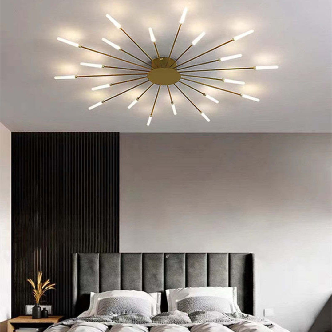 Helle LED-Deckenleuchte für große Räume, modernes Design, dimmbar, in Schwarz und Gold.