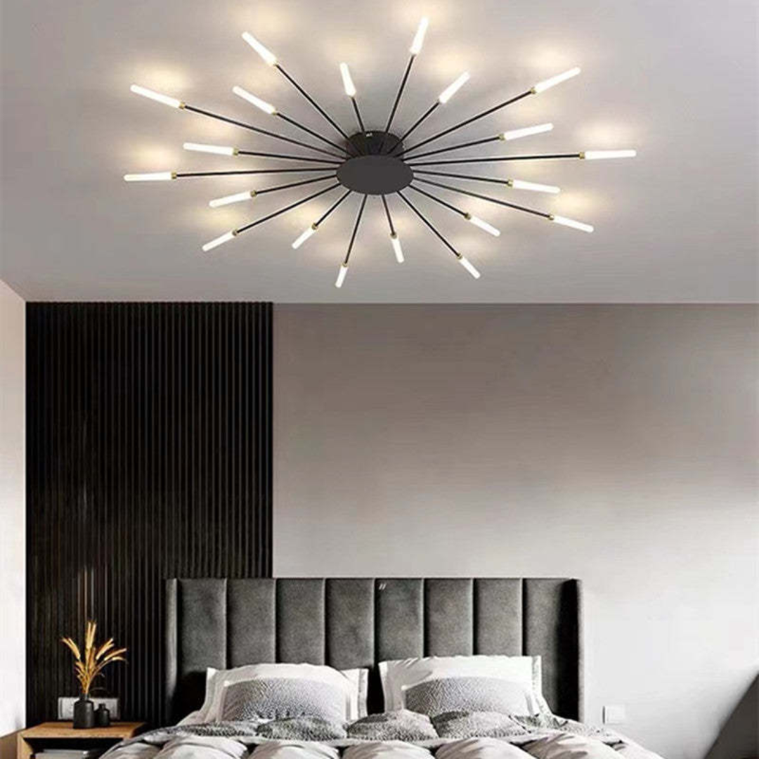Moderne Wohnzimmerlampe LumenMax, LED, dimmbar, groß, elegantes Design in Gold und Schwarz.