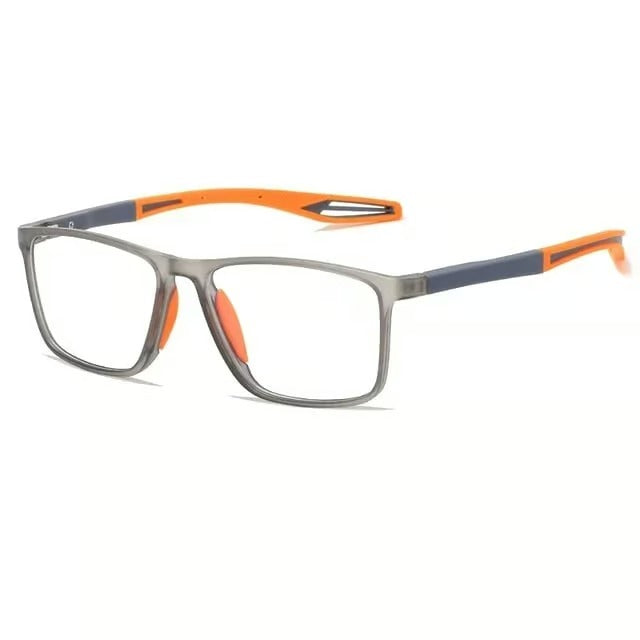 Mann trägt ultraleichte Herren Blaulichtfilter Brille, bietet entspannte Sicht und Schutz am Computer.