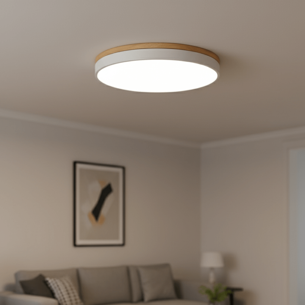 Moderne Holz-Deckenlampe mit LED-Beleuchtung und Farbakzent, ideal für Wohn- & Schlafzimmer.
