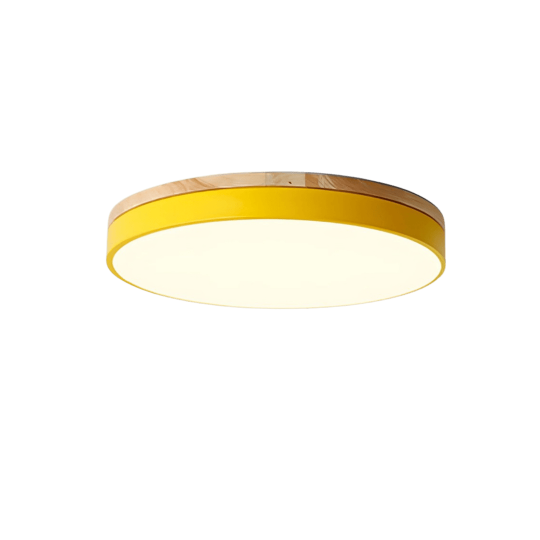 LED-Deckenlampe aus Holz mit Farbakzent, schafft stimmungsvolle Ambientebeleuchtung für Wohn- und Schlafräume.