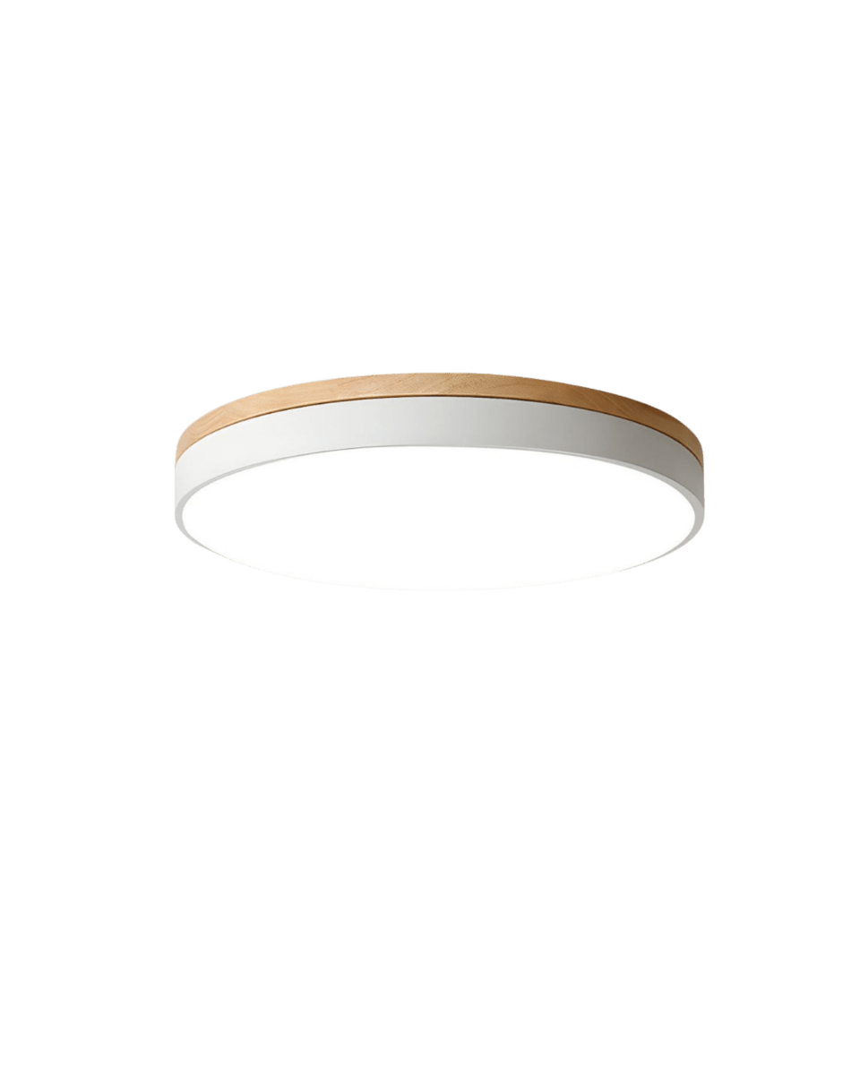 Moderne Holz-LED-Deckenlampe mit Farbakzent. Runde Designerlampe für stilvolle Innenbeleuchtung im Wohnzimmer.