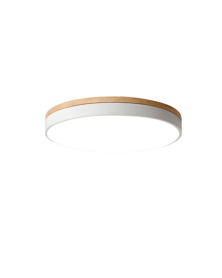 Moderne Holz-LED-Deckenlampe mit Farbakzent. Runde Designerlampe für stilvolle Innenbeleuchtung im Wohnzimmer.