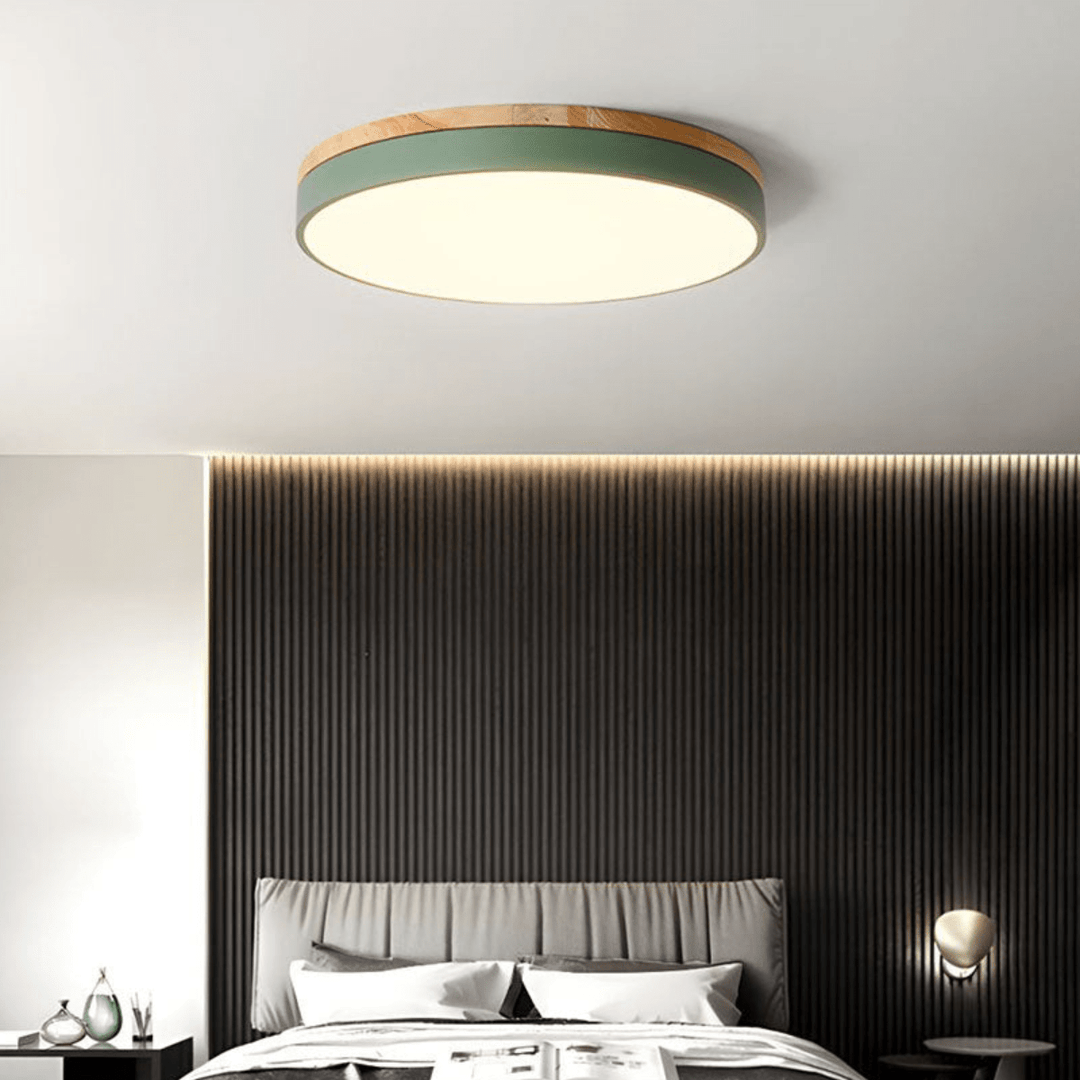Moderne LED-Deckenlampe aus Holz mit Farbakzent, perfekte Wohnzimmerlampe & Schlafzimmerlampe, Naturdesign.