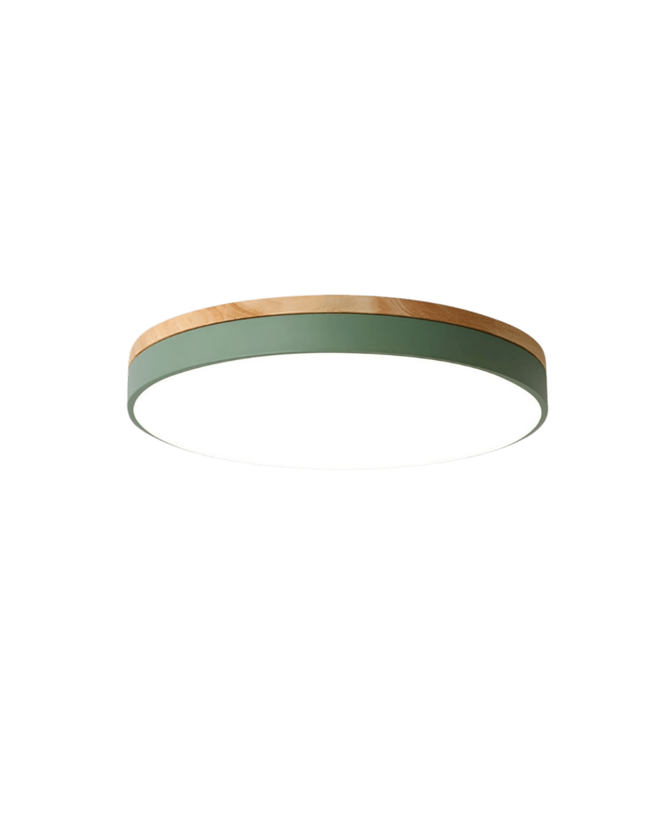 Naturdesign Holzlampe mit LED, runde Deckenlampe mit Farbakzent. Moderne Akzentbeleuchtung für den Wohnraum.