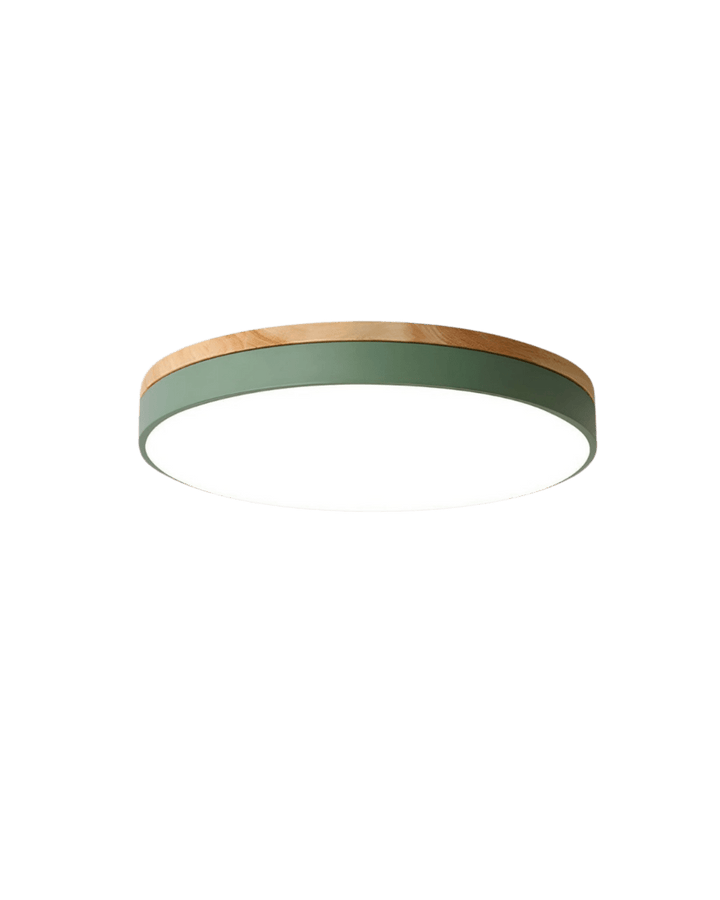 Naturdesign Holzlampe mit LED, runde Deckenlampe mit Farbakzent. Moderne Akzentbeleuchtung für den Wohnraum.