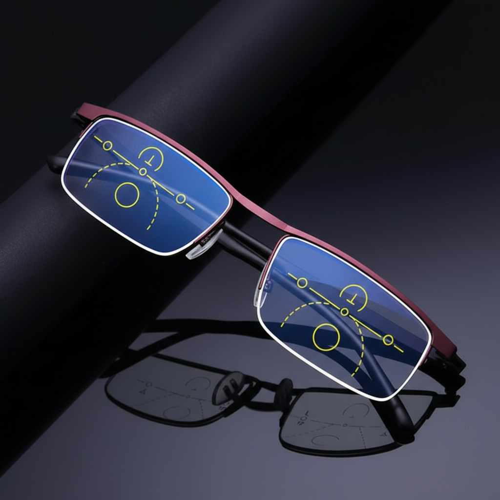 Lachende Person trägt elegante Gleitsichtbrille; bietet Sehhilfe und Augenkomfort für alle Distanzen.