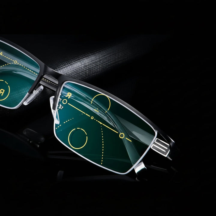 Stilvolle Unisex-Gleitsichtbrille mit leichtem Rahmen und ergonomischem Design für ganztägigen Komfort.