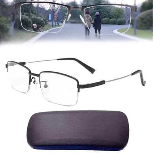 Gleitsichtbrille auf weißem Hintergrund: Optimale Sehhilfe mit Mehrzonenlinse für jede Sehdistanz und Augenkomfort.