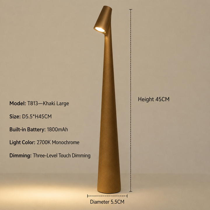 Outdoor geeignete kabellose LED Tischlampe, dimmbar, robustes Metallgehäuse.