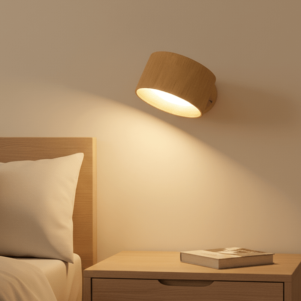 Moderne kabellose LED Wandleuchte mit Fernbedienung für gemütliches Ambiente im Wohnzimmer.