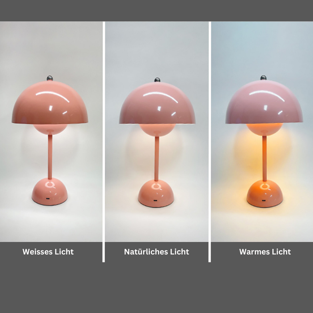 Zeitlose Pilz-Designlampe, kabellos & dimmbar. LED Ambientebeleuchtung für Wohnzimmer und stilvolle Räume.