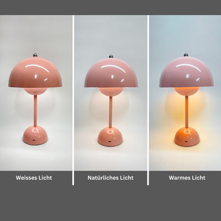 Zeitlose Pilz-Designlampe, kabellos & dimmbar. LED Ambientebeleuchtung für Wohnzimmer und stilvolle Räume.