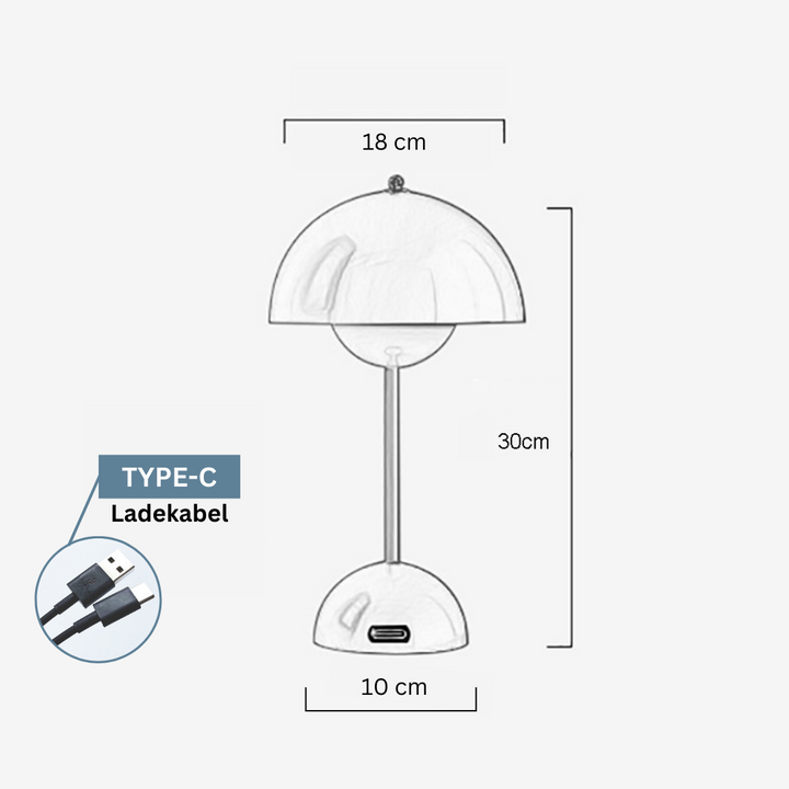 Pilz-Tischlampe, modern & kabellos, mit dimmbarer LED & Touch-Steuerung. Perfekt für ein warmes Lichtgefühl.