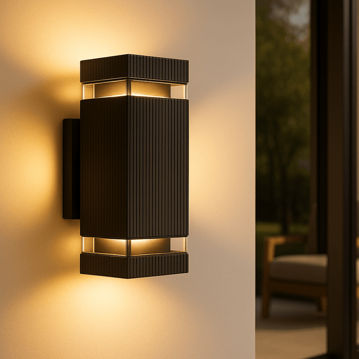 Moderne LED-Außenwandleuchte, wetterfest (IP65) für Fassadenbeleuchtung im Außenbereich.