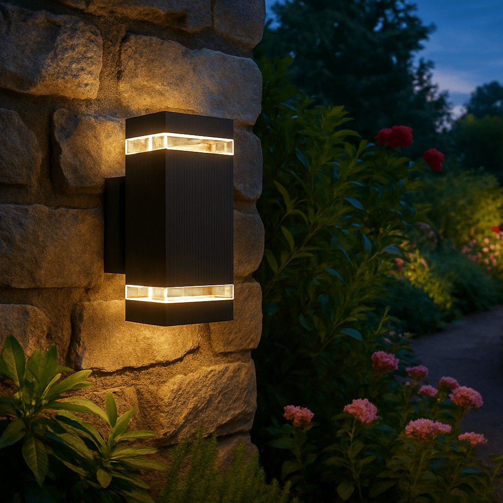 Stilvolle moderne Außenwandleuchte aus Metall, perfekt als Gartenleuchte und Fassadenbeleuchtung.