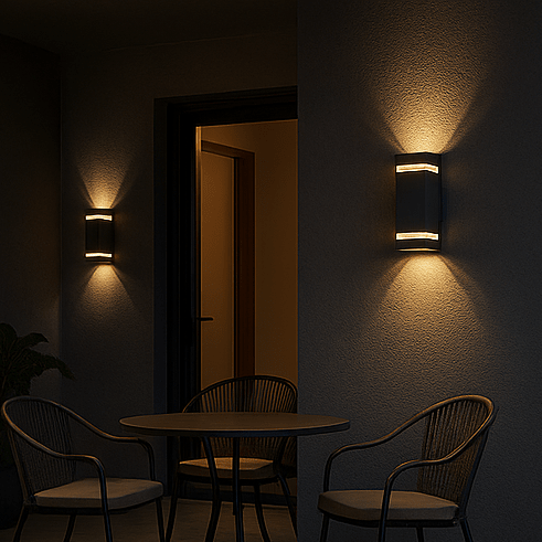 Schlichte LED-Außenleuchte, wetterfest und modern, ideal für stilvolle Fassaden- und Gartenbeleuchtung.