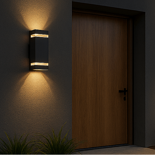 Zeitgemäße Außenwandleuchte, LED-Technik, wetterfest für moderne Akzente am Haus.