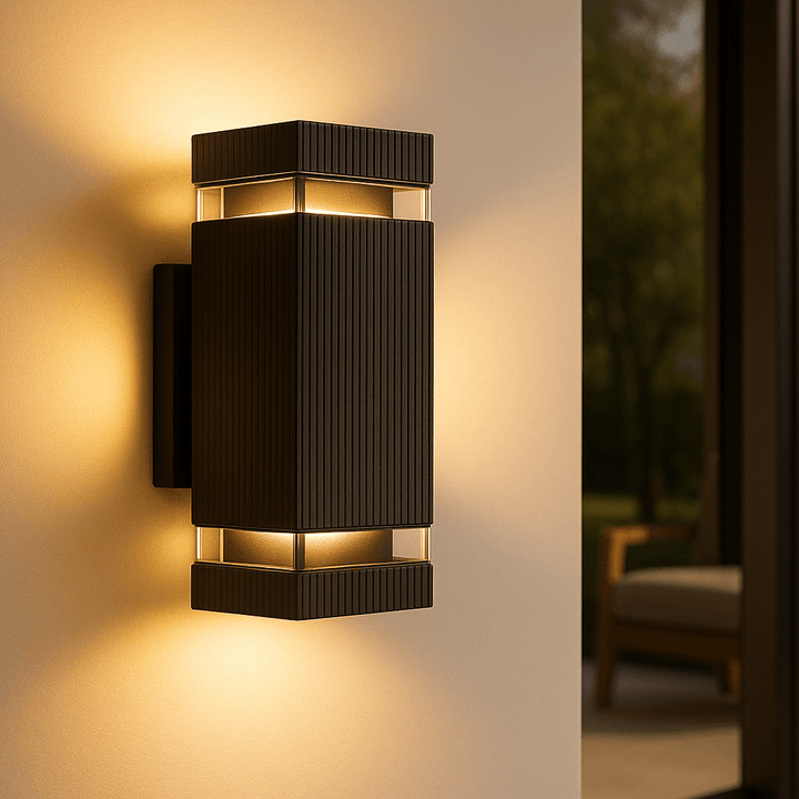 Moderne LED Auf-/Abwärts-Außenleuchte, IP65, ideal für stilvolle Fassaden- und Gartenbeleuchtung.