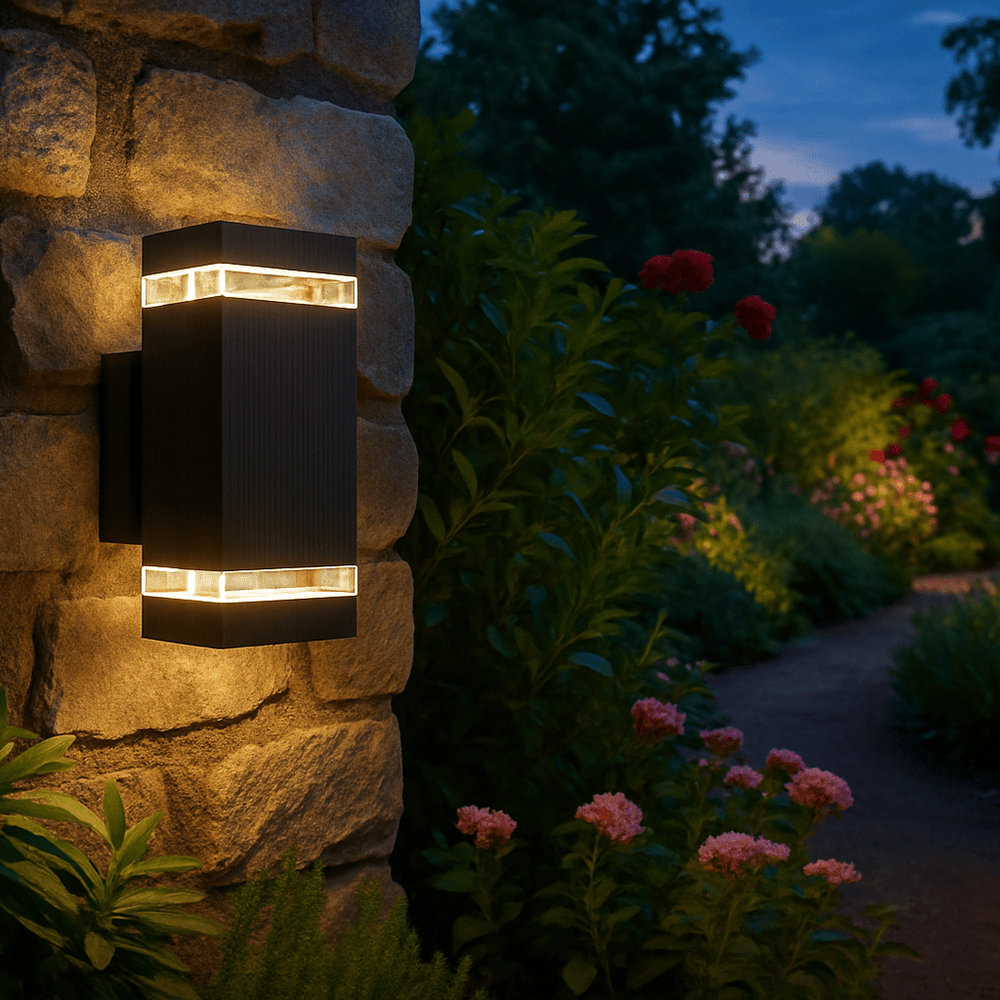 Wasserdichte IP65 LED Außenwandlampe für effektvolle Up-Down-Beleuchtung an moderner Hausfassade.
