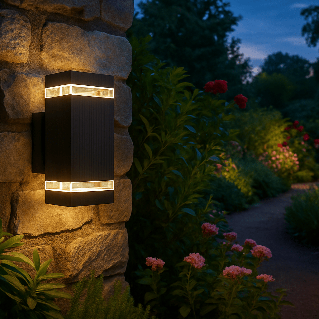Wasserdichte IP65 LED Außenwandlampe für effektvolle Up-Down-Beleuchtung an moderner Hausfassade.