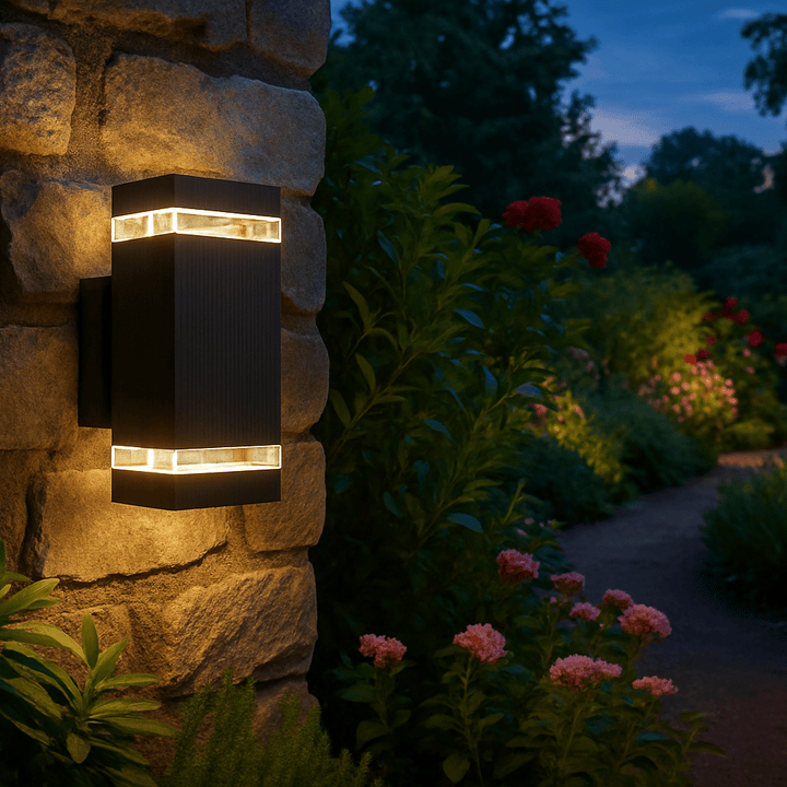 Wasserdichte IP65 LED Außenwandlampe für effektvolle Up-Down-Beleuchtung an moderner Hausfassade.