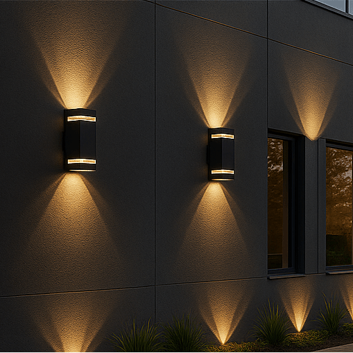Zeitgenössische schwarze LED Außenleuchte zur hellen und energieeffizienten Beleuchtung von Wegen & Terrassen.