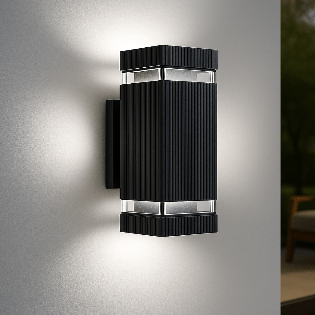 Langlebige LED Außenbeleuchtung mit Up-Down-Lichteffekt, IP65 wasserdicht für moderne Garten- und Terrassenwände.