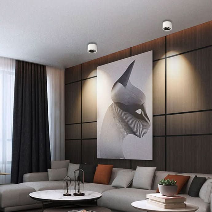 Minimalistische schwarze LED Deckenlampe mit schwenkbarem Spot für gezielte Wohnzimmerbeleuchtung.