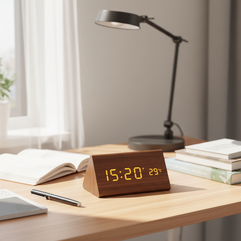 Stylische Holzuhr mit LED-Anzeige und Sprachsteuerung als smarter Wecker und Deko für Ihr Zuhause.