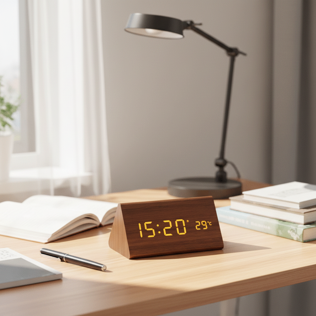 Stylische Holzuhr mit LED-Anzeige und Sprachsteuerung als smarter Wecker und Deko für Ihr Zuhause.
