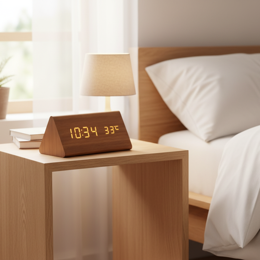 Digitale Tischuhr in Holzoptik mit heller LED-Anzeige und intuitiver Sprachsteuerung, modernes Wohnaccessoire.