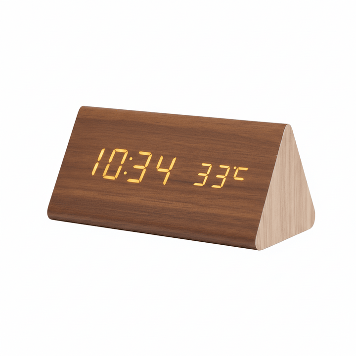 Moderne Digitaluhr aus Holz mit LED-Display und Sprachsteuerung, perfekt als stilvolle Tischuhr.