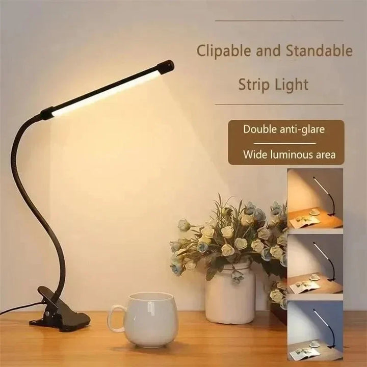 Augenfreundliche LED Bürolampe zum Klemmen, dimmbar, modernes Design. Ergonomische Beleuchtung für langes Arbeiten.