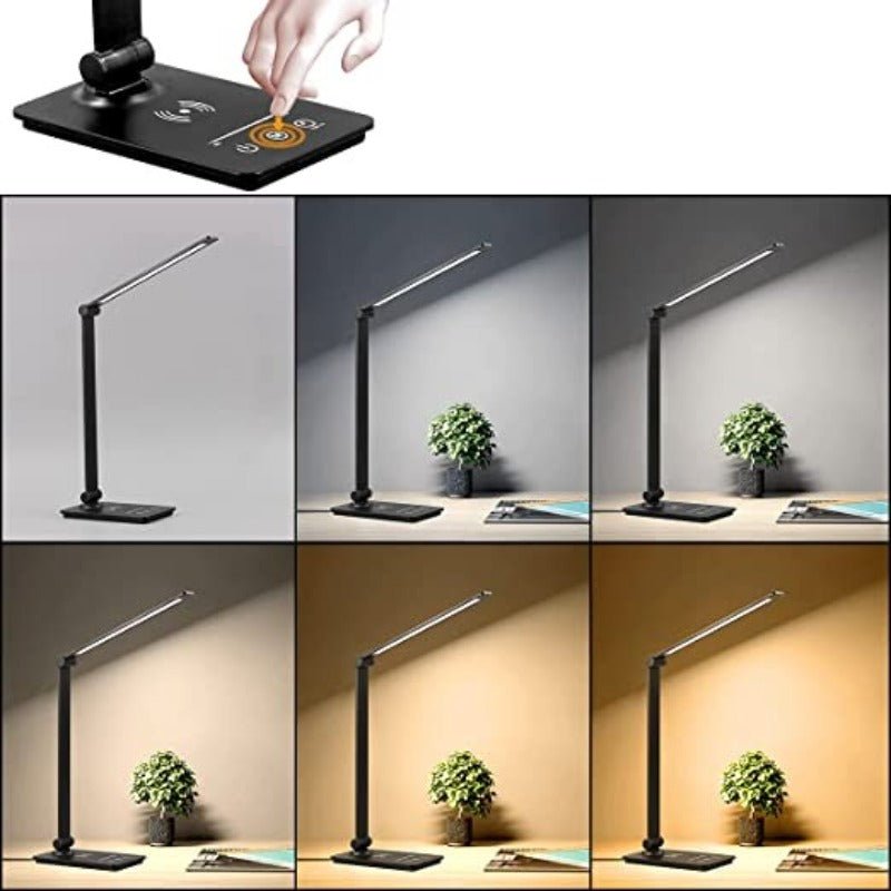 Faltbare LED-Schreibtischlampe, smart dimmbar, mit integriertem Qi-Ladegerät, ideal für effiziente Arbeit.