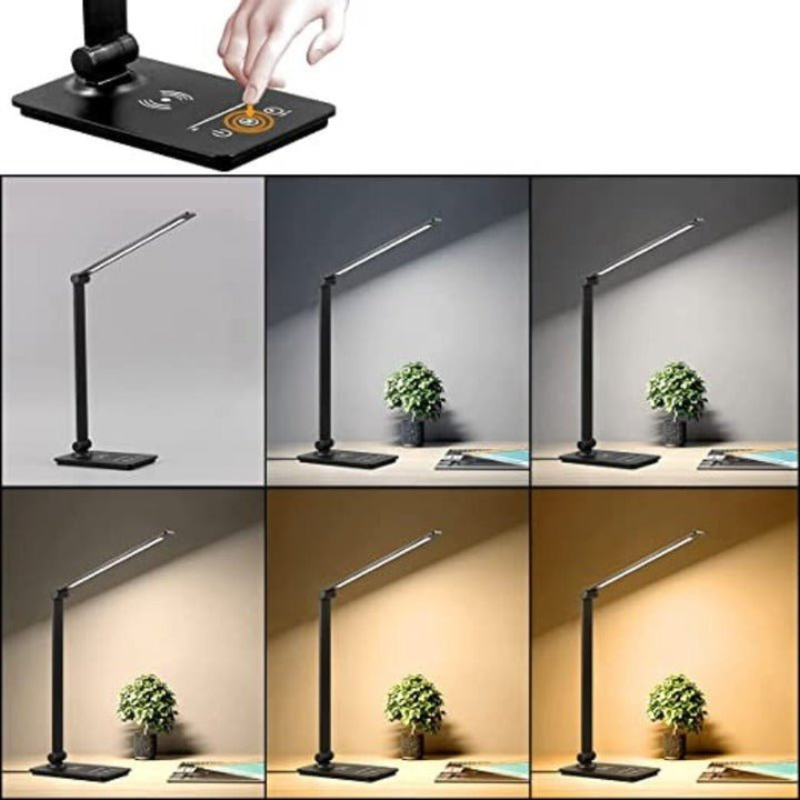 Faltbare LED-Schreibtischlampe, smart dimmbar, mit integriertem Qi-Ladegerät, ideal für effiziente Arbeit.