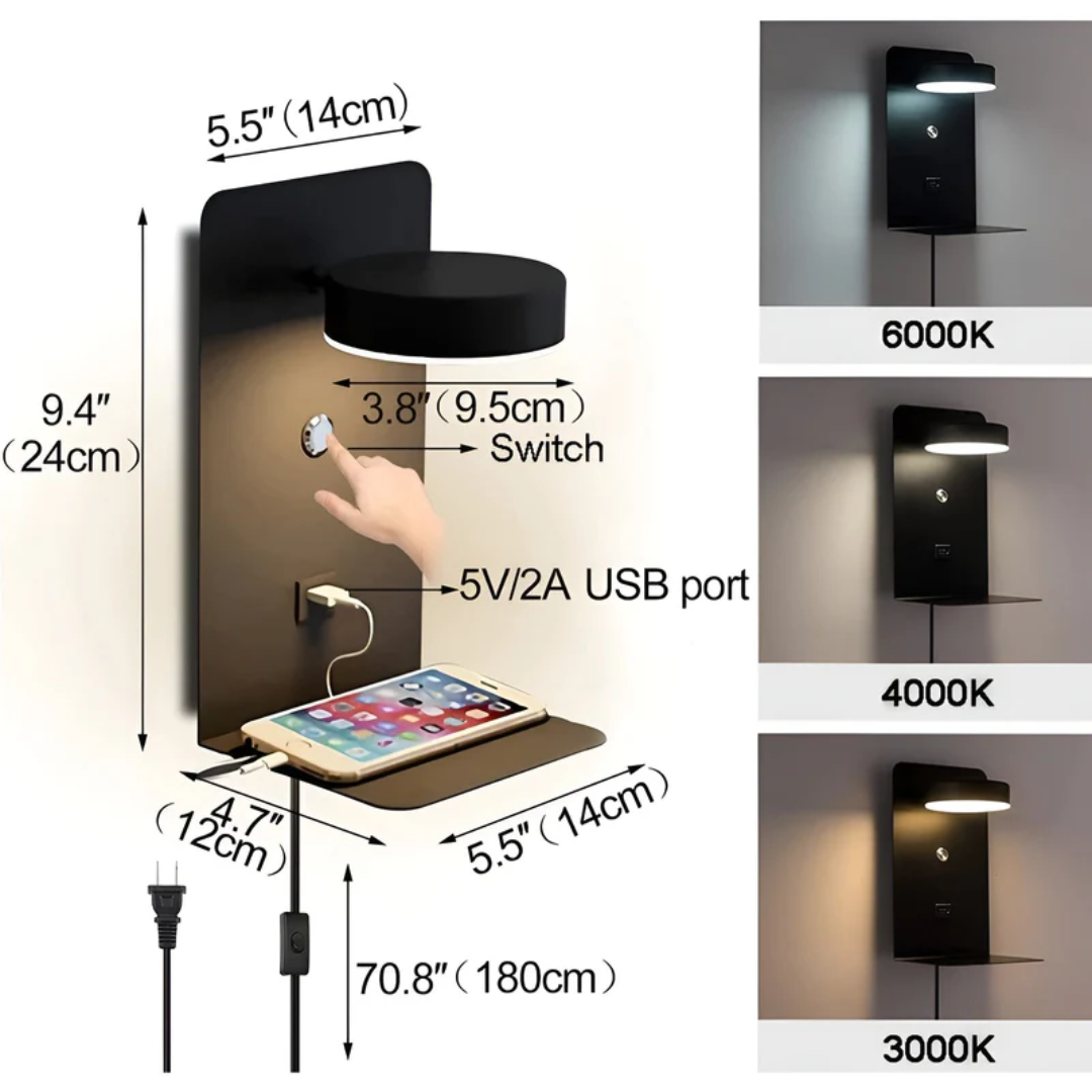 Minimalistische LED Wandleuchte mit integriertem USB-Ladegerät. Ideal für Ambientebeleuchtung & Handy-Aufladung.