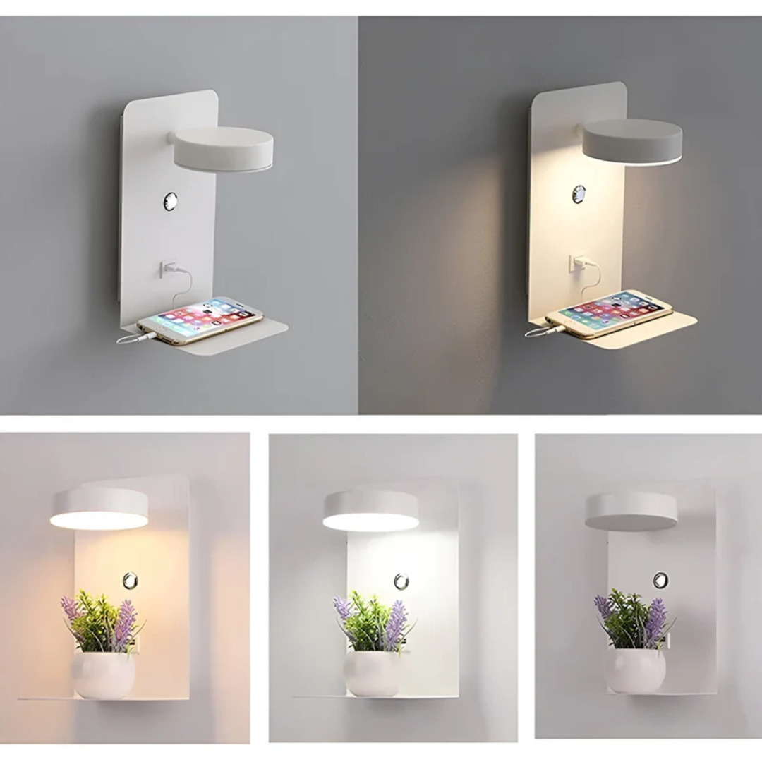 Wandmontierte LED Leuchte in zeitlosem Design mit USB-Ladestation. Perfekt für Schlafzimmer & Leseecken.