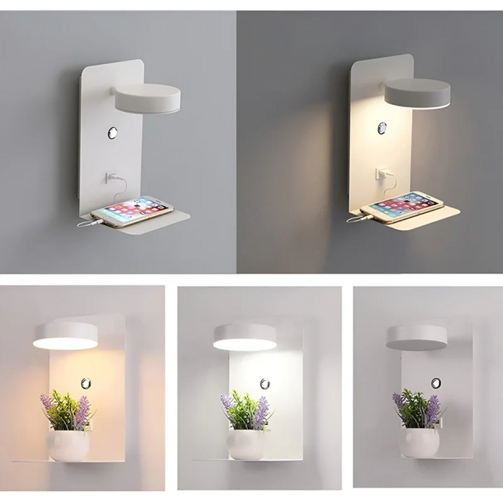 Wandmontierte LED Leuchte in zeitlosem Design mit USB-Ladestation. Perfekt für Schlafzimmer & Leseecken.