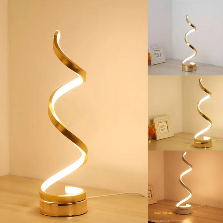 Detailansicht der LumaSpiral LED-Tischlampe, die ihr schlankes, modernes Design und sanftes Licht hervorhebt.