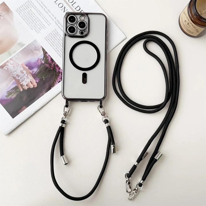 Edle MagSafe-Umhängehülle mit Gurt für Smartphones. Kombiniert Schutz, Stil und Funktionalität.