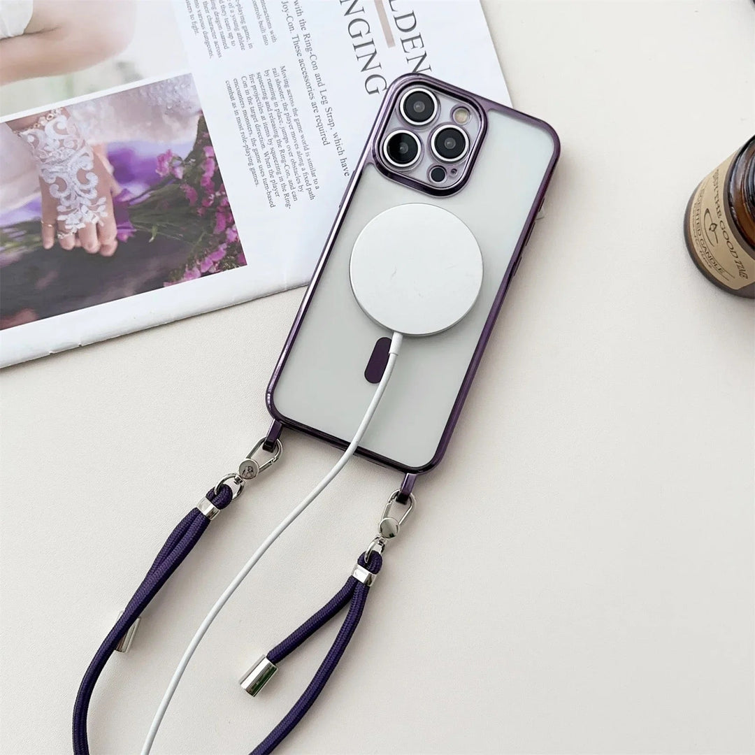 Praktische MagSafe Telefonhülle mit langem Gurt für bequemes Tragen und schnellen Zugriff auf das Smartphone.