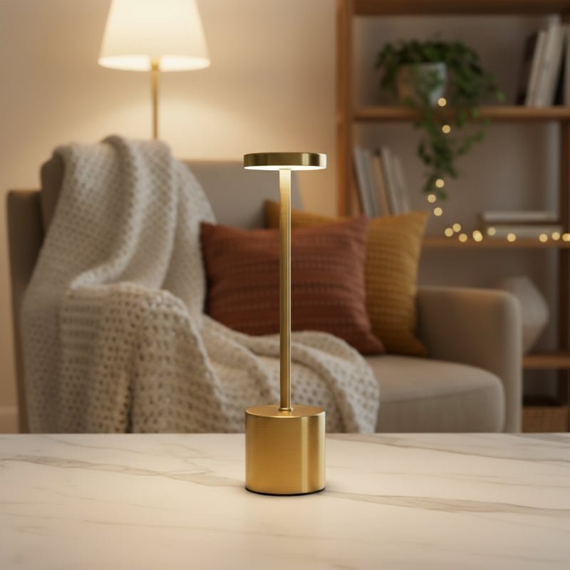 Moderne nordische Tischlampe mit Stoffschirm, schafft gemütliches Wohnambiente.