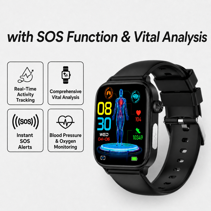 Moderne Smartwatch am Handgelenk, zeigt SOS-Alarm & Gesundheitsdaten für Senioren.