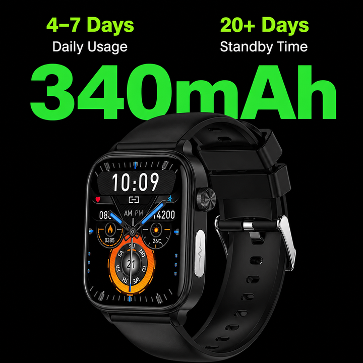Schwarze Smartwatch für Senioren mit einfacher Bedienung, Fokus auf Notfall- und Sicherheitsfunktionen.