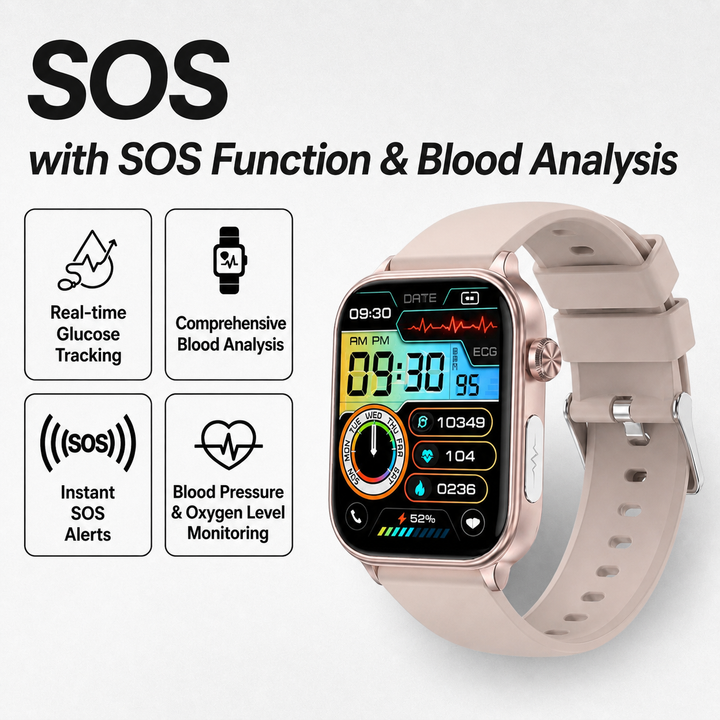 Elegante Notfalluhr mit GPS und Bluetooth, perfekt für Senioren und die Gesundheitsüberwachung.